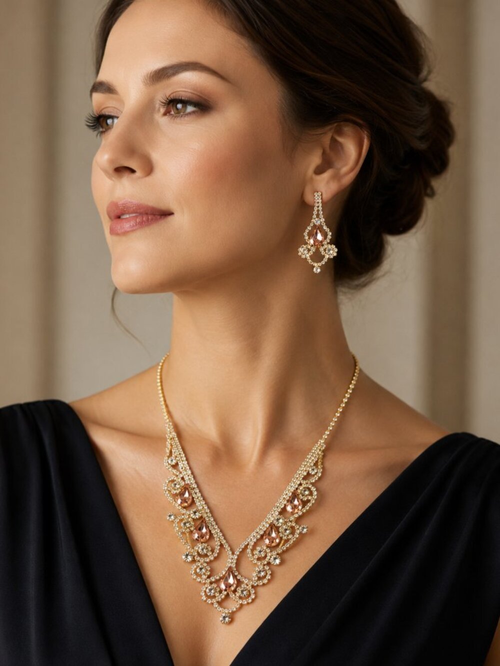Vintage Style CZ Necklace Earrings Set Amber-Color